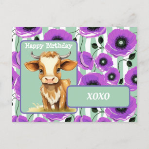 Cow and Poppies XOXO Happy Birthday Postcard