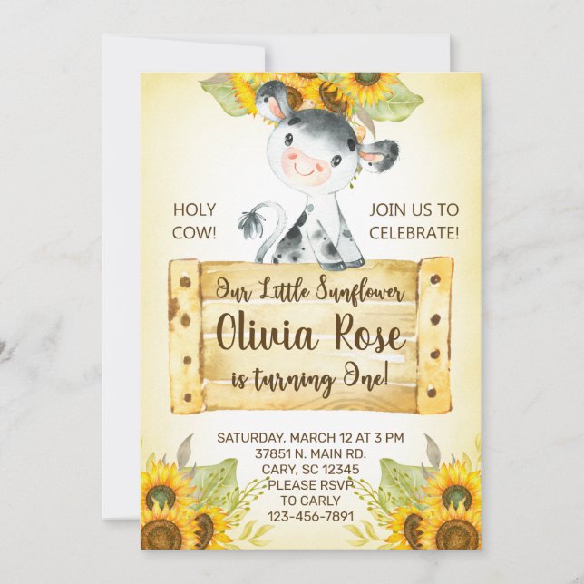 Cow and sunflowers girl 1st birthday invite. invitation (Front)