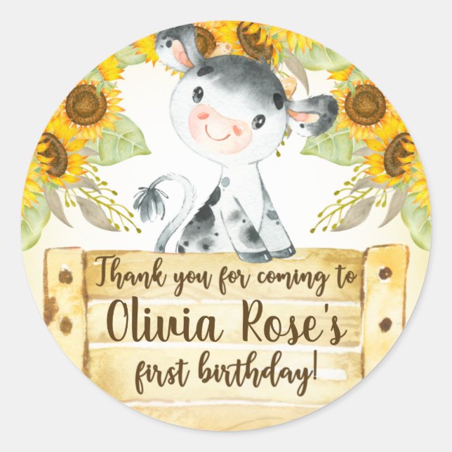 Cow and sunflowers girl birthday circle sticker. c classic round sticker (Front)