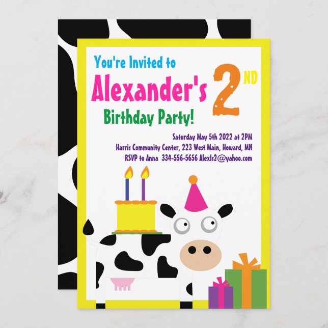 Cow Animal Kid's Birthday Party Invitations (Front/Back)