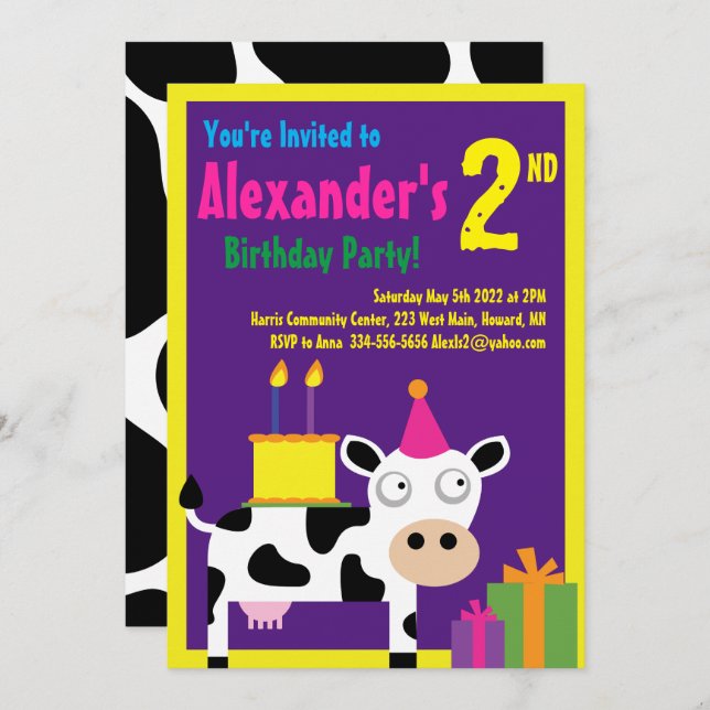 Cow Animal Kid's Birthday Party Invitations (Front/Back)