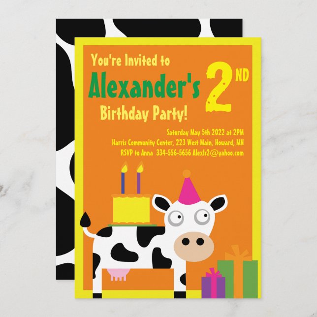 Cow Animal Kid's Birthday Party Invitations (Front/Back)