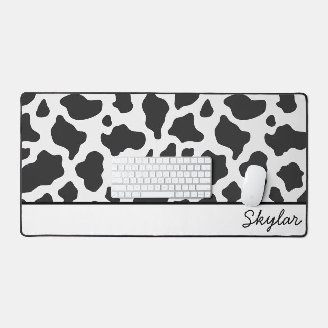 Cow Animal Print Custom Cursive Name Desk Mat (Keyboard & Mouse)