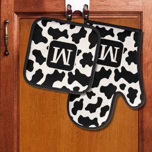 Cow Animal Print Spotted Black & White Monogram Oven Mitt & Pot Holder Set