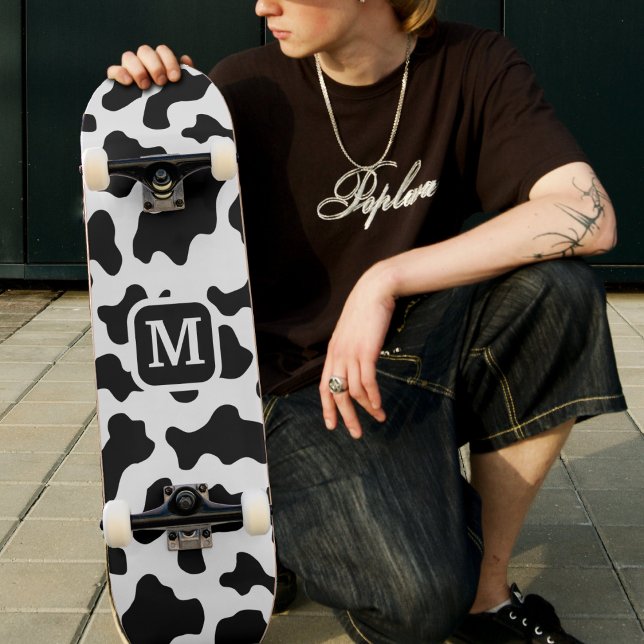 Cow Animal Print Spotted Black & White Monogram Skateboard (Cow Animal Print Spotted Black & White Monogram Skateboard)
