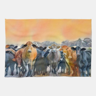 Cow Art Farm Style Rustic Tones Kitchen Tea Towel