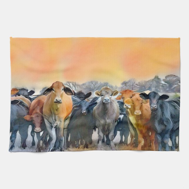 Cow Art Farm Style Rustic Tones Kitchen Tea Towel (Horizontal)