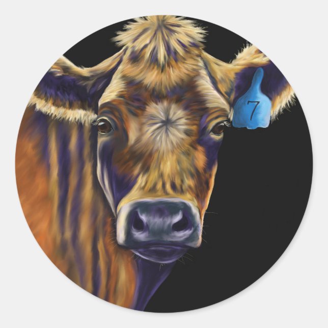 Cow Art - Lucky Number Seven Classic Round Sticker (Front)