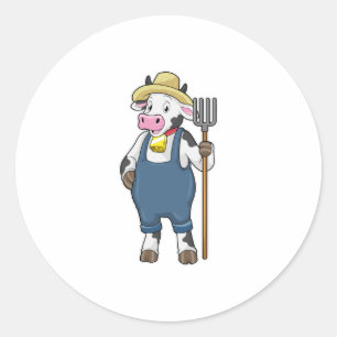 Cow as Farmer with Pitchfork Classic Round Sticker