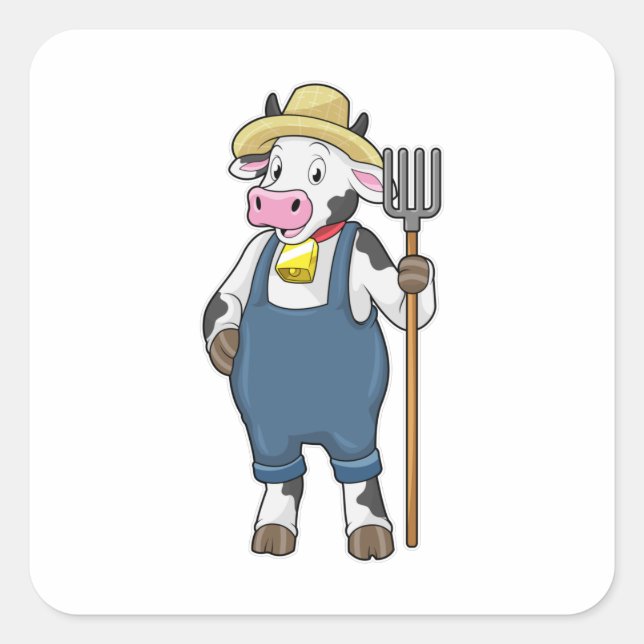Cow as Farmer with Pitchfork Square Sticker (Front)