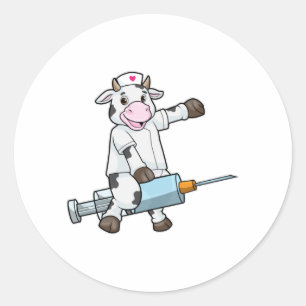 Cow as Nurse with Heart & Syringe Classic Round Sticker