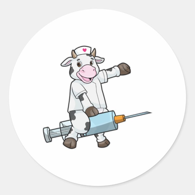 Cow as Nurse with Heart & Syringe Classic Round Sticker (Front)