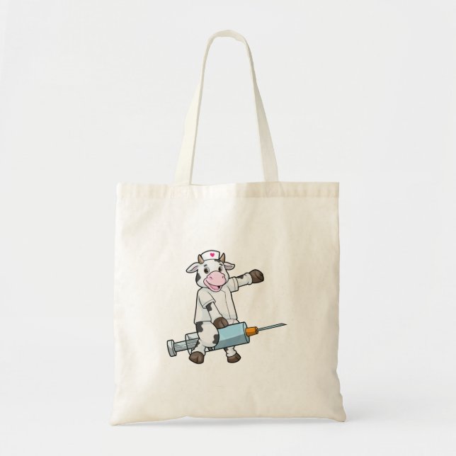 Cow as Nurse with Heart & Syringe Tote Bag (Front)