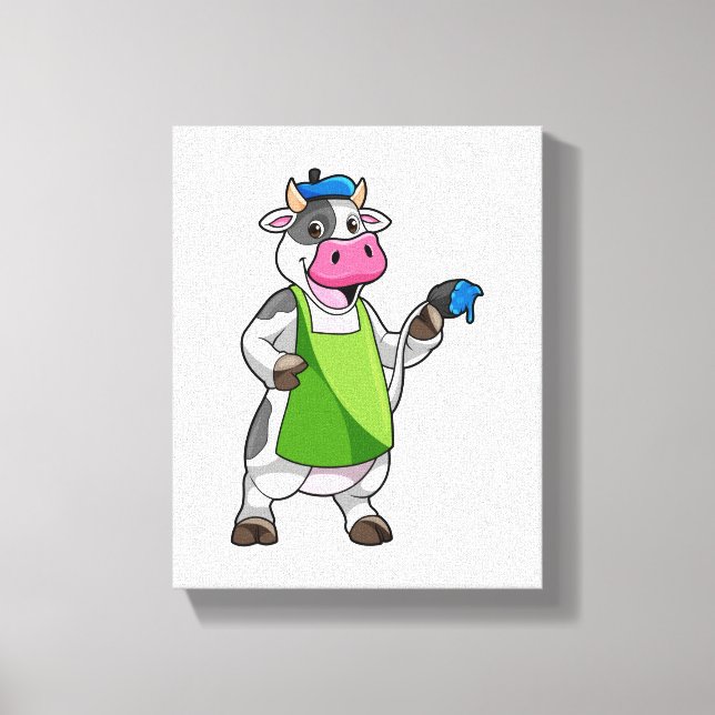 Cow as Painter with Paint & Apron Canvas Print (Front)