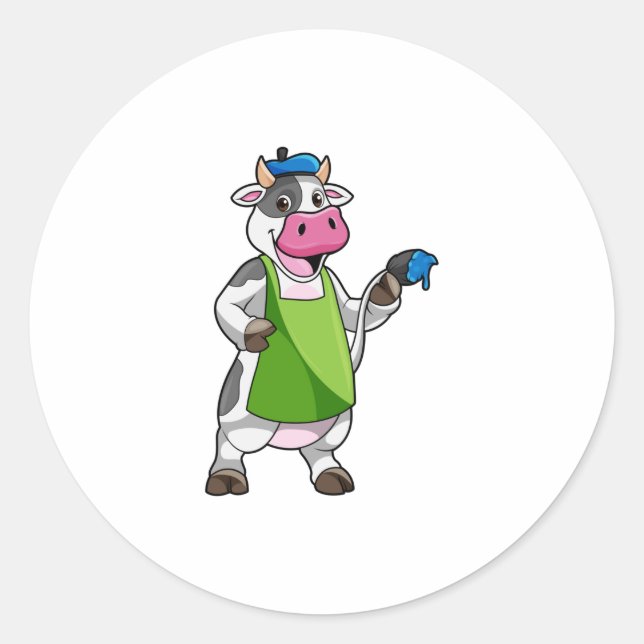 Cow as Painter with Paint & Apron Classic Round Sticker (Front)