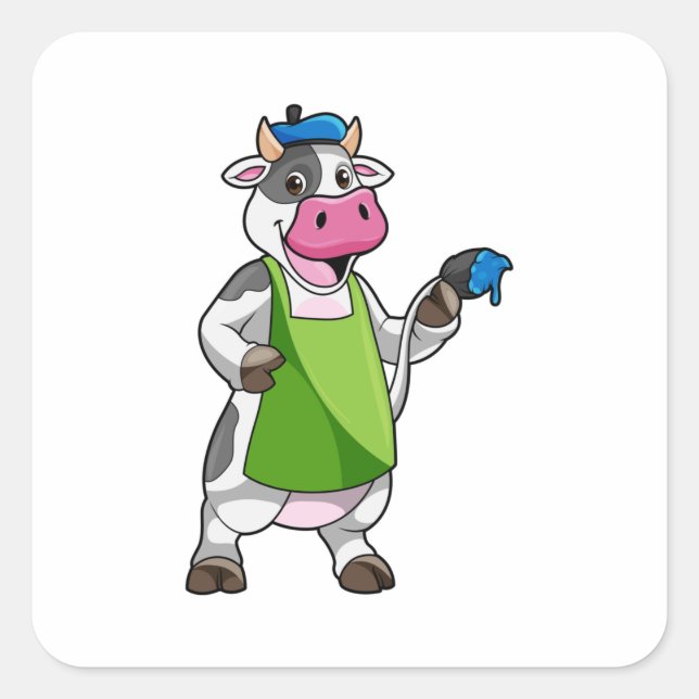 Cow as Painter with Paint & Apron Square Sticker (Front)