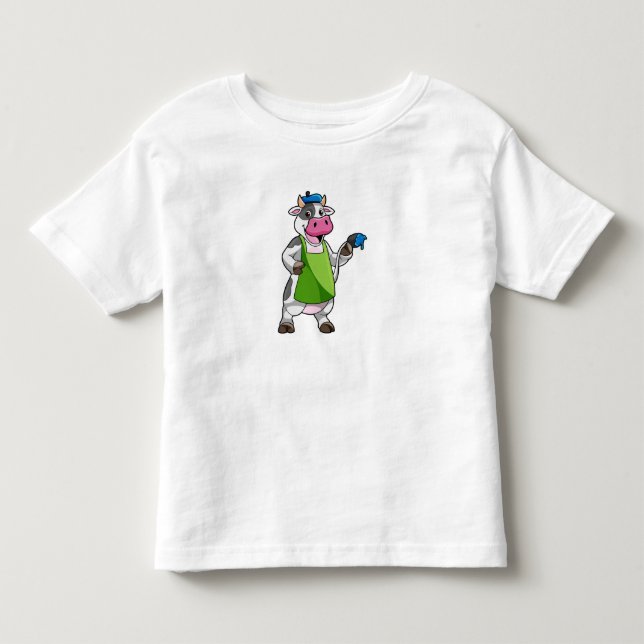 Cow as Painter with Paint & Apron Toddler T-Shirt (Front)
