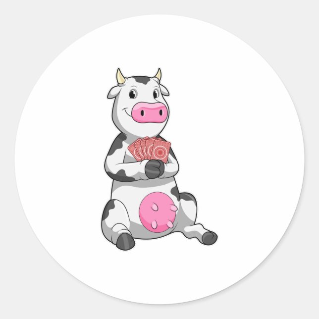 Cow at Poker with Poker cards Classic Round Sticker (Front)