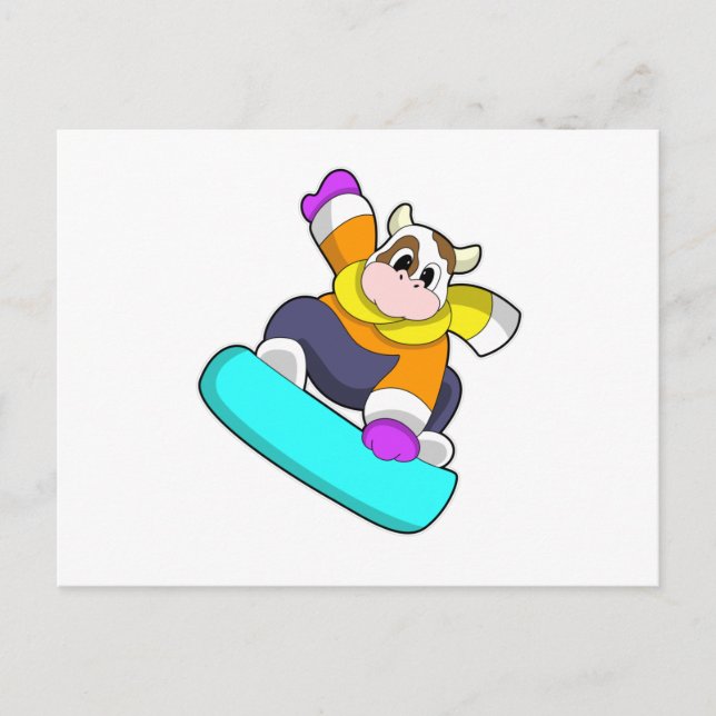 Cow at Snowboarding with Snowboard Postcard (Front)