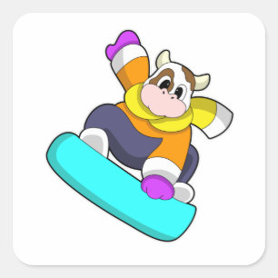 Cow at Snowboarding with Snowboard Square Sticker
