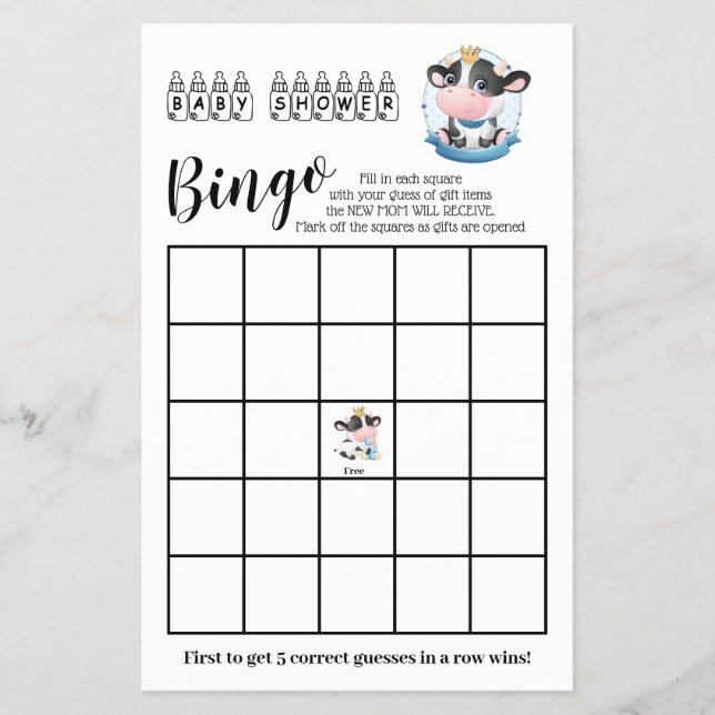 Cow Baby Shower Beautiful Dream Bingo Game Card (Front)