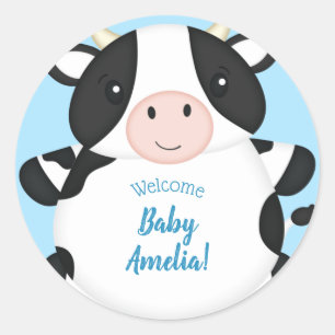Cow Baby Shower Blue Classic Round Sticker