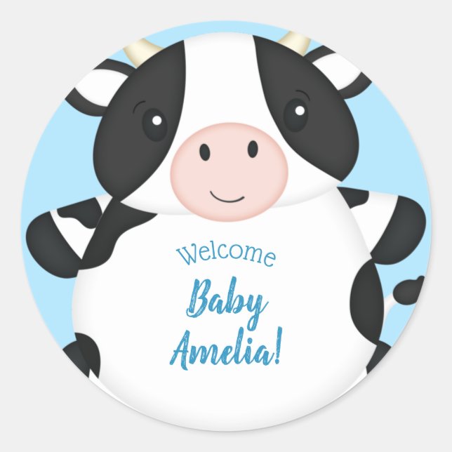 Cow Baby Shower Blue Classic Round Sticker (Front)