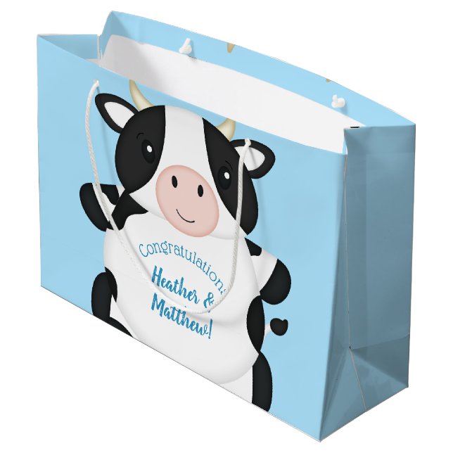 Cow Baby Shower Blue Large Gift Bag (Back Angled)