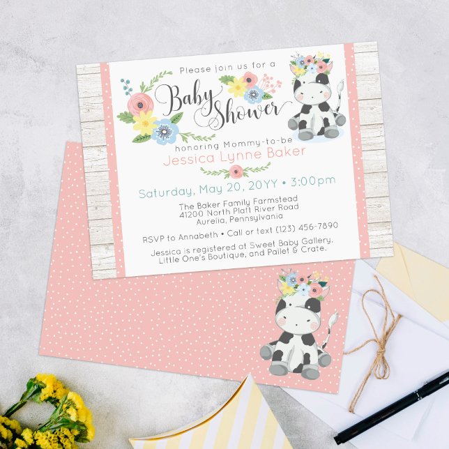 Cow Baby Shower | Cute Floral Calf on Rustic Wood Invitation (Creator Uploaded)