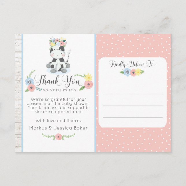 Cow Baby Shower Cute Floral Calf Thank You Photo Postcard (Front)
