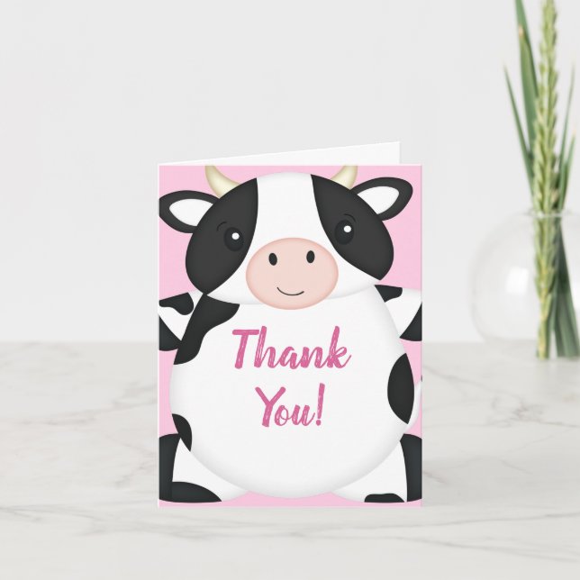 Cow Baby Shower Farm Pink Girl Thank You Card (Front)
