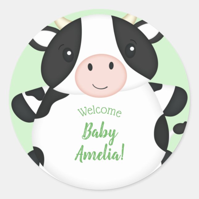 Cow Baby Shower Green Classic Round Sticker (Front)