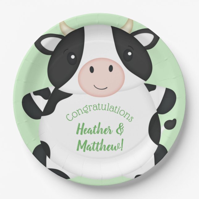 Cow Baby Shower Green Paper Plate (Front)