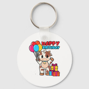 Cow Birthday Balloon Theme Cattleman Farmer Cute B Key Ring