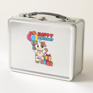Cow Birthday Balloon Theme Cattleman Farmer Cute B Metal Lunch Box