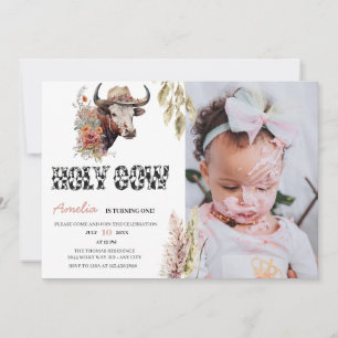 Cow Birthday   First Birthday Photo Invitation