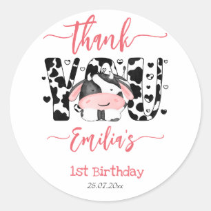 Cow birthday party cow pattern pink thank you  classic round sticker