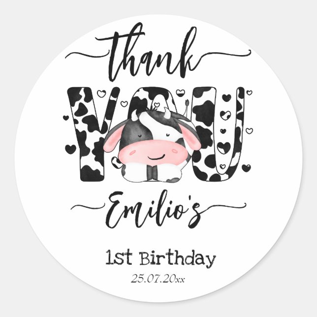 Cow birthday party cow pattern  thank you  classic round sticker (Front)