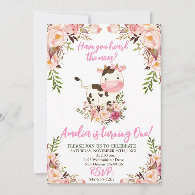 Cow Birthday Party, Farm Party, Girl Birthday Invitation (Front)