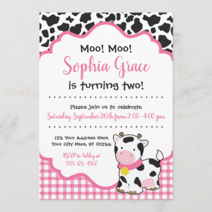 Cow Birthday Party Invitation Pink and Black