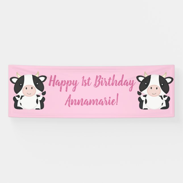 Cow Birthday Party Pink Banner (Horizontal)