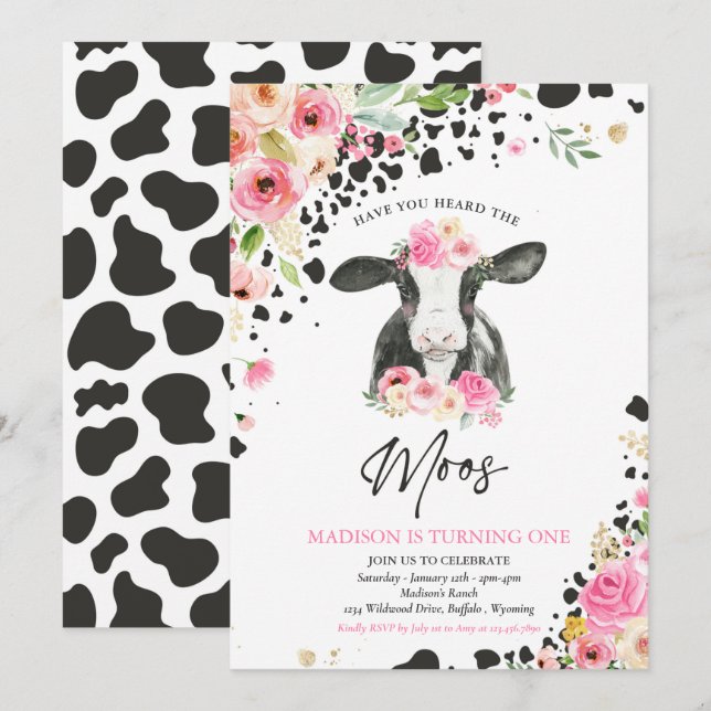 Cow Birthday Party Pink Floral Farm Ranch Birthday Invitation (Front/Back)