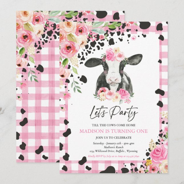 Cow Birthday Party Pink Floral Farm Ranch Birthday Invitation (Front/Back)
