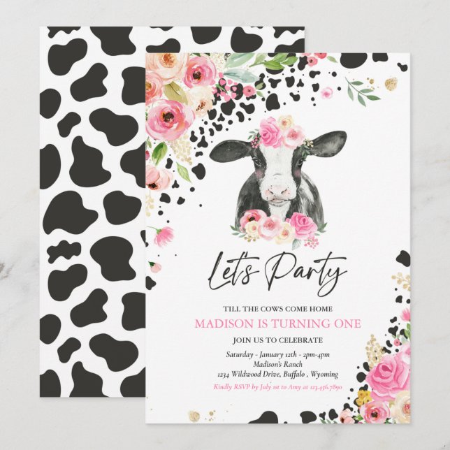 Cow Birthday Party Pink Floral Farm Ranch Birthday Invitation (Front/Back)