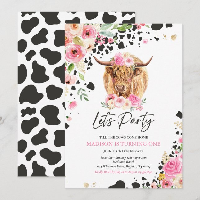 Cow Birthday Party Pink Floral Farm Ranch Birthday Invitation (Front/Back)