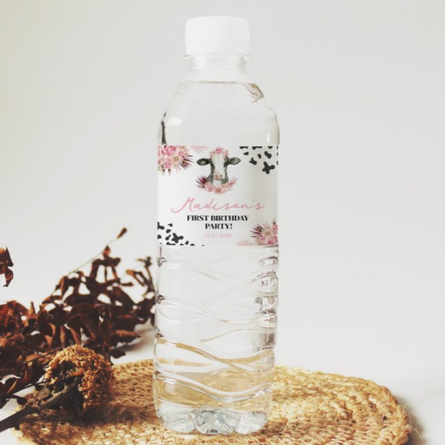Cow Birthday Party Water Bottle Label (Creator Uploaded)