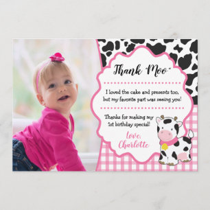 Cow Birthday Thank You Card   Farm Party