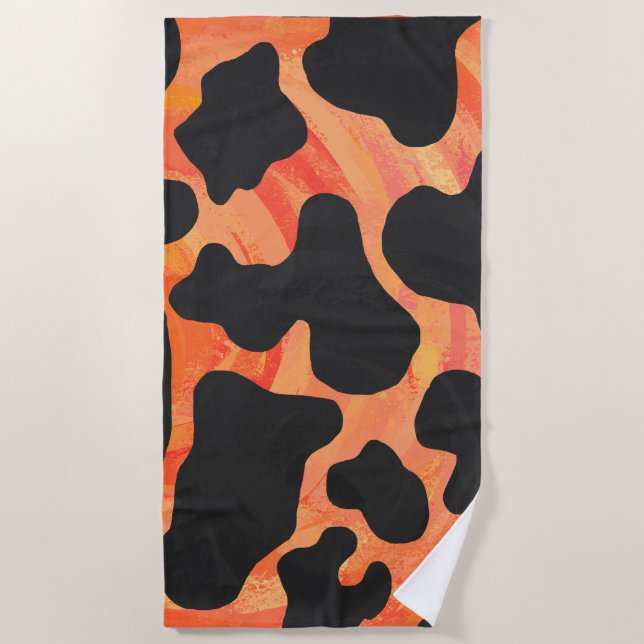 Cow Black and Orange Paint Beach Towel (Front)