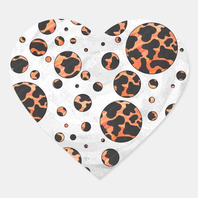 Cow Black and Orange Polka Dot Print Heart Sticker (Front)