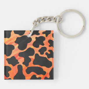 Cow Black and Orange Print Key Ring